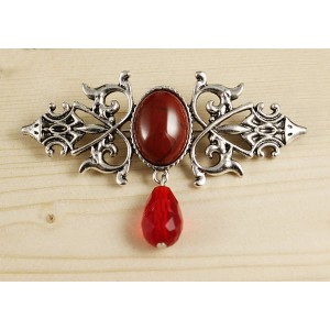 Брошь из яшмы красной "вензель", основа 70х2.4мм, овал 18х13мм, подвеска красная