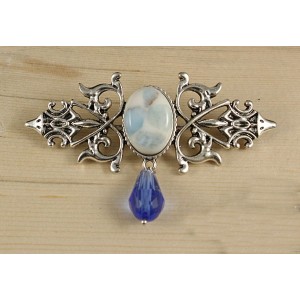 Брошь из ларимара (кабошон-мозаика) "вензель", основа 70х2.4мм, овал 18х13мм, подвеска синяя