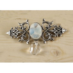 Брошь из ларимара (кабошон-мозаика) "вензель", основа 70х2.4мм, овал 18х13мм, подвеска горный хрусталь