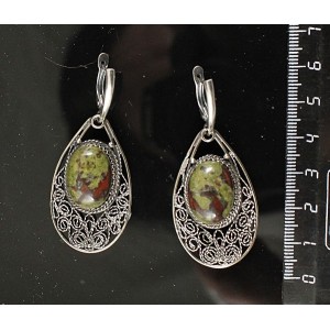 Серьги из яшмы (гелиотроп), овал 18х13мм, филигрань, ручная работа, швензы посеребрение