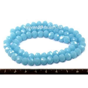 Бусина стеклянная на нитке мелкая грань 8*6 мм непрозрачный яркий небесный голубой  около 40 см/нить