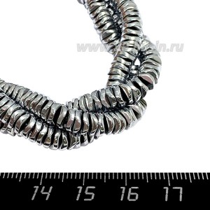 Натуральный камень ГЕМАТИТ бусина граненая Чипсы 6*1,5 мм,  цвет серебро, около 20 см/нить