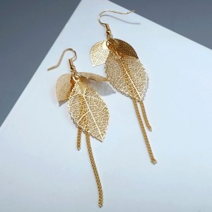 Серьги висячие "Листья" осень, цвет золото