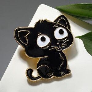 Брошь "Котик" с большими глазами, цвет чёрный, цвет золотистый
