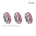 Рондель 4 мм с ровным краем, цвет светлое серебро, розовые стразы, 10 шт/упаковка