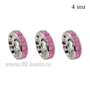 Рондель 4 мм с ровным краем, цвет светлое серебро, розовые стразы, 10 шт/упаковка