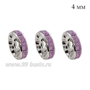 Рондель 4 мм, ровный край,  цвет светлое серебро, стразы "Аметист" 10 шт/упак