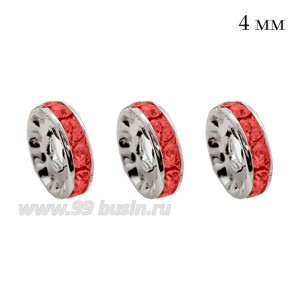 Рондель 4 мм, ровный край, светлое серебро, красные стразы 10 штук/упак