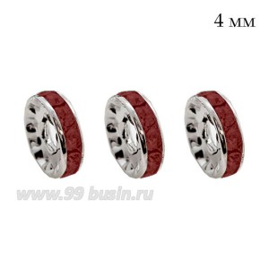 Рондель 4 мм с ровным краем, цвет светлое серебро, гранатовые стразы, 10 шт/упаковка