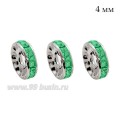 Рондель 4 мм с ровным краем, цвет светлое серебро, светло-зеленые стразы, 10 шт/упаковка