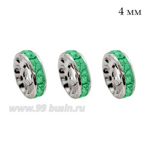 Рондель 4 мм с ровным краем, цвет светлое серебро, светло-зеленые стразы, 10 шт/упаковка