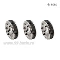 Рондель 4 мм, ровный край, цвет светлое серебро, черные стразы 10 штук/упак