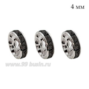 Рондель 4 мм, ровный край, цвет светлое серебро, черные стразы 10 штук/упак