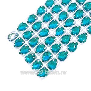 Стразы Капля, размер 14*10 мм, цвет морская волна/никель, стекло, латунная оправа, 1 штука