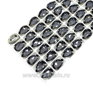 Стразы Капля, размер 14*10 мм, цвет Дымчатый/никель, стекло, латунная оправа, 1 штука