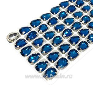 Стразы Капля, размер 14*10 мм, цвет Тёмная морская волна/никель, стекло, латунная оправа, 1 штука