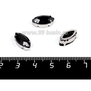 Стразы стеклянные пришивные в цапах "лодочка" 15*7 мм, цвет глубокий черный, 1 штука