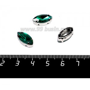 Стразы стеклянные пришивные в цапах "лодочка" 15*7 мм, цвет изумрудный, 1 штука