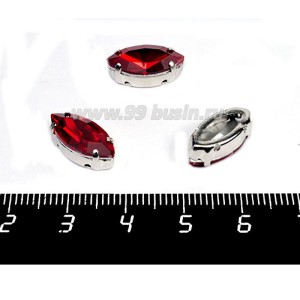 Стразы стеклянные пришивные в цапах "лодочка" 15*7 мм, цвет насыщенный красный, 1 штука