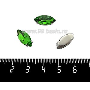Стразы стеклянные пришивные в цапах "лодочка" 15*7 мм, цвет зеленый, 1 штука