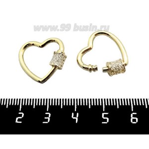 Замок закручивающийся Премиум Сердечко с микроцирконами, 18*19 мм, золото, 1 штука
