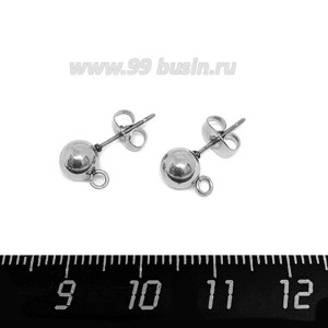 Пусеты шарик 6 мм с петелькой, нержавеющая сталь, с металлическими заглушками, 1 пара Пусеты шарик 6 мм с петелькой, нержавеющая сталь, с металлическими заглушками, 1 пара