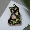 Значок "Кошка" с ромашками, цвет чёрный, цвет золотистый