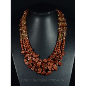 Колье 5 нитей галтовка из авантюрина с цирконом, 52см