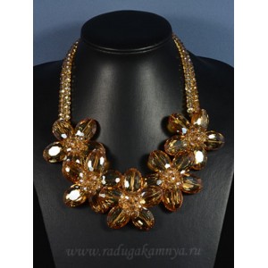 Колье из циркона 2 нити 5 цветков 55мм цвет цитрин, 50см