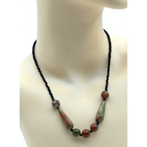 Колье унакит и цирконом шарик гр.3мм, 48см