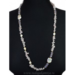 Бусы из розового кварца крошка с жемчугом барокко, 76-118 см.