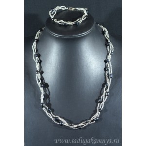 Комплект с жемчугом бусы и браслет 3 нити рис с бисером цвет черный, 50см, 19см