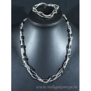 Комплект с жемчугом бусы и браслет 3 нити рис с бисером цвет черный, 54см, 19см