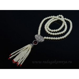 Сотуар из майорки шарик 8,6,4мм с фианитами и красным хрусталем "Надежда", 80см Сотуар из майорки шарик 8,6,4мм с фианитами и красным хрусталем "Надежда", 80см