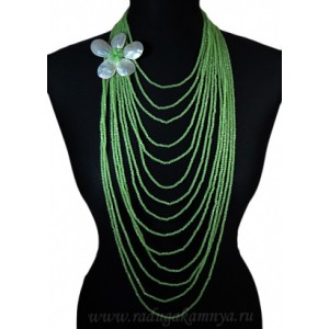 Колье из циркона 14нитей с цветком из перламутра, зеленый, 48см