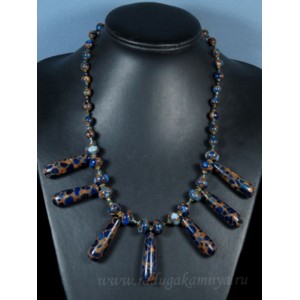 Колье из кварца прессованного (имитация варисцита) 7 капель синие, 52см