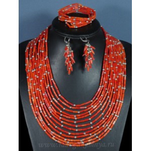 Колье 12 нитей ,браслет, серьги из коралла оранжевого цилиндрик, 46см