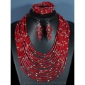 Колье 12 нитей ,браслет, серьги из коралла цилиндрик красный, 46см