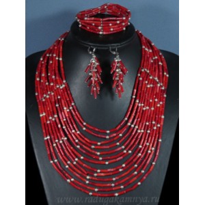 Колье 12 нитей ,браслет, серьги из коралла цилиндрик красный, 46см