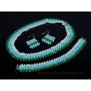 Колье 43см,браслет 19см,серьги из циркона "лента" кукуруза 4мм цвет лунный, голубой, зеленый