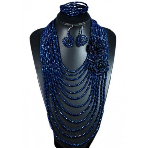 Колье 12 нитей, браслет, серьги из цирконов с розами цвет синий, 46см
