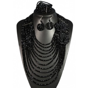Колье 12 нитей, браслет, серьги из цирконов с розами цвет черный, 46см