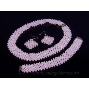 Колье 43см,браслет 19см,серьги из циркона "лента" кукуруза 4мм цвет розовый