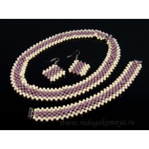 Колье 45см,браслет 20см,серьги из циркона "лента" кукуруза 4мм сиреневый, кремовый