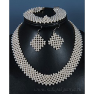 Колье 47см,браслет 19см,серьги из циркона "лента" кукуруза 4мм цвет кремовый