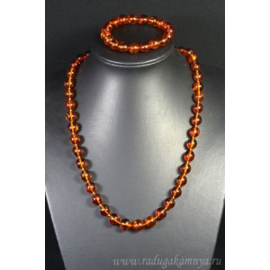 Набор из янтаря бусы и браслет мятый шарик 11-12мм коньячный, 55см