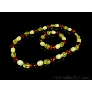 Набор из янтаря бусы и браслет овал 12*15мм лимонный, молочный, коньячный, 51см.
