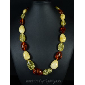 Колье из янтаря галтовка лимонный, молочный, коньячный, 60см