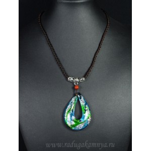 Кулон с муранским стеклом на плетеном шнурке роса 40*55мм голубой, 36см