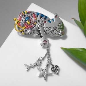 Брошь "Кот" сказочный, цветная, цвет серебристый